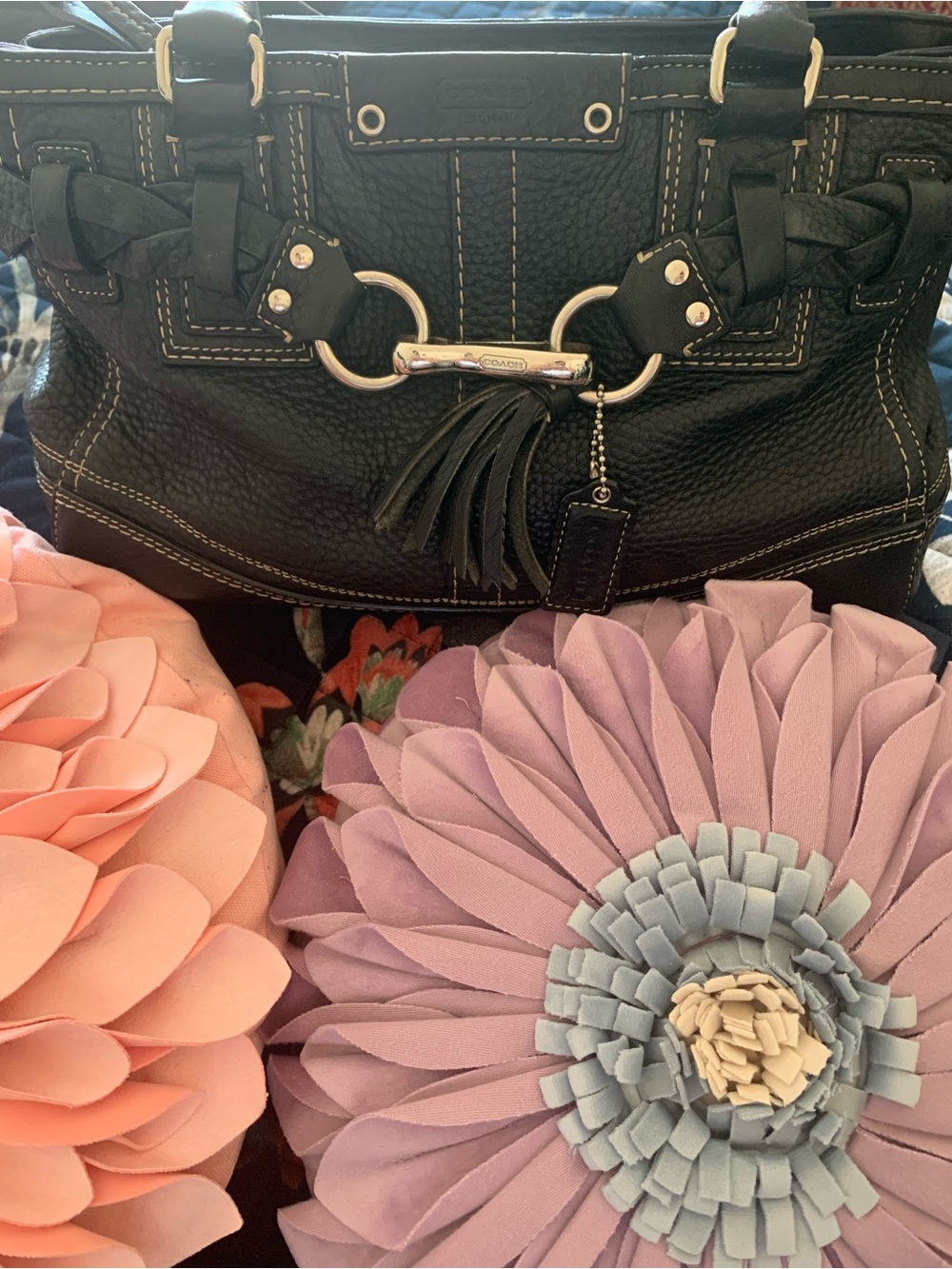Coach Black Leather Hampton Bag with Silver-Tone Accents